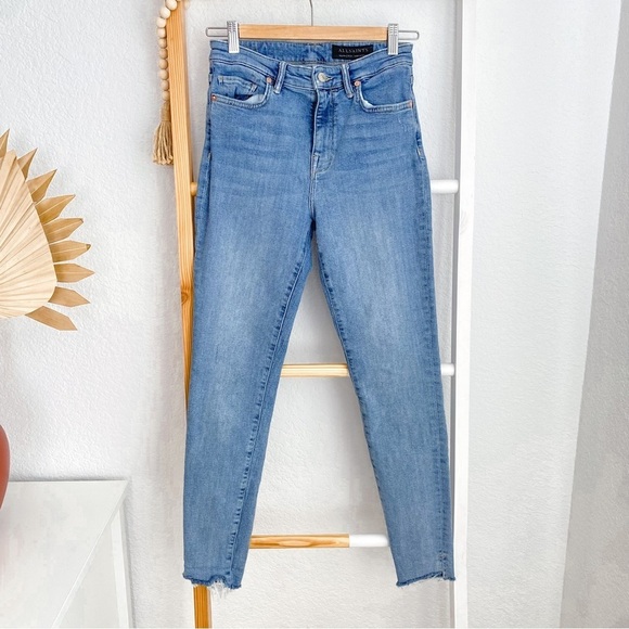 All Saints Roxanne Cropped Jeans Blue Raw Hem Distressed High Waisted Waist 28 - Picture 3 of 15